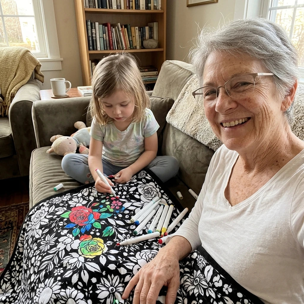 Grand-mère et enfant coloriant la couverture ensemble