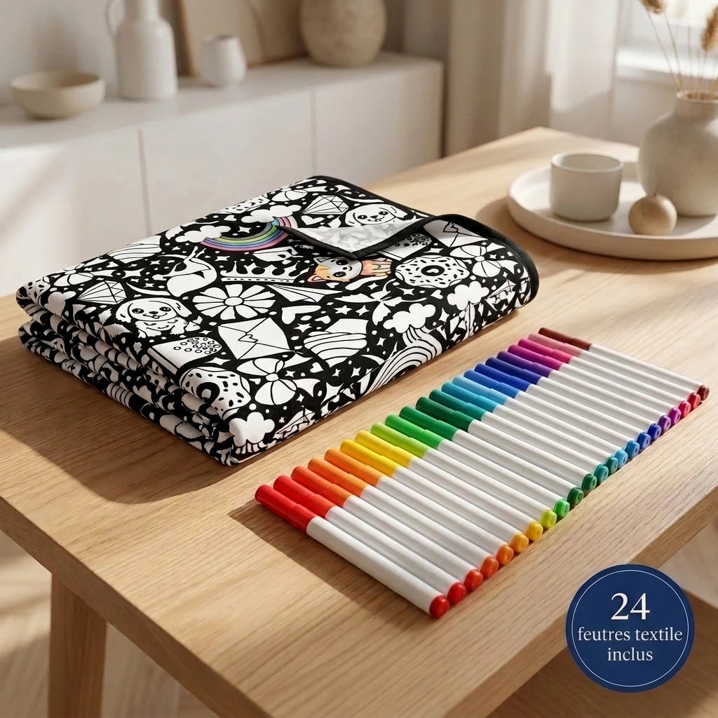 Plaid à colorier plié avec 24 feutres textile inclus