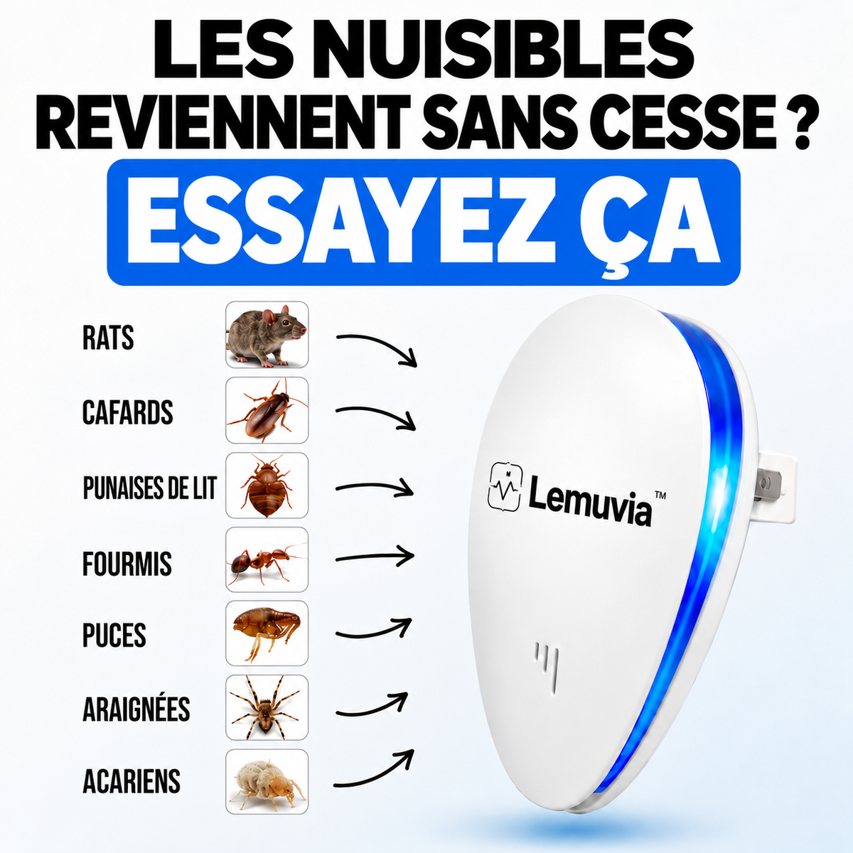 Lemuvia™ Répulsif à ultrasons contre les nuisibles - Éloignez 14 nuisibles définitivement
